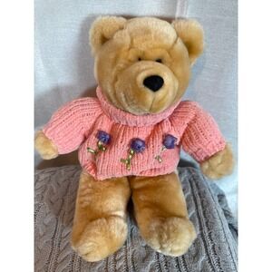 Teddy Bear Plush Toy Pink Chenille Sweater Embroidered Flowers